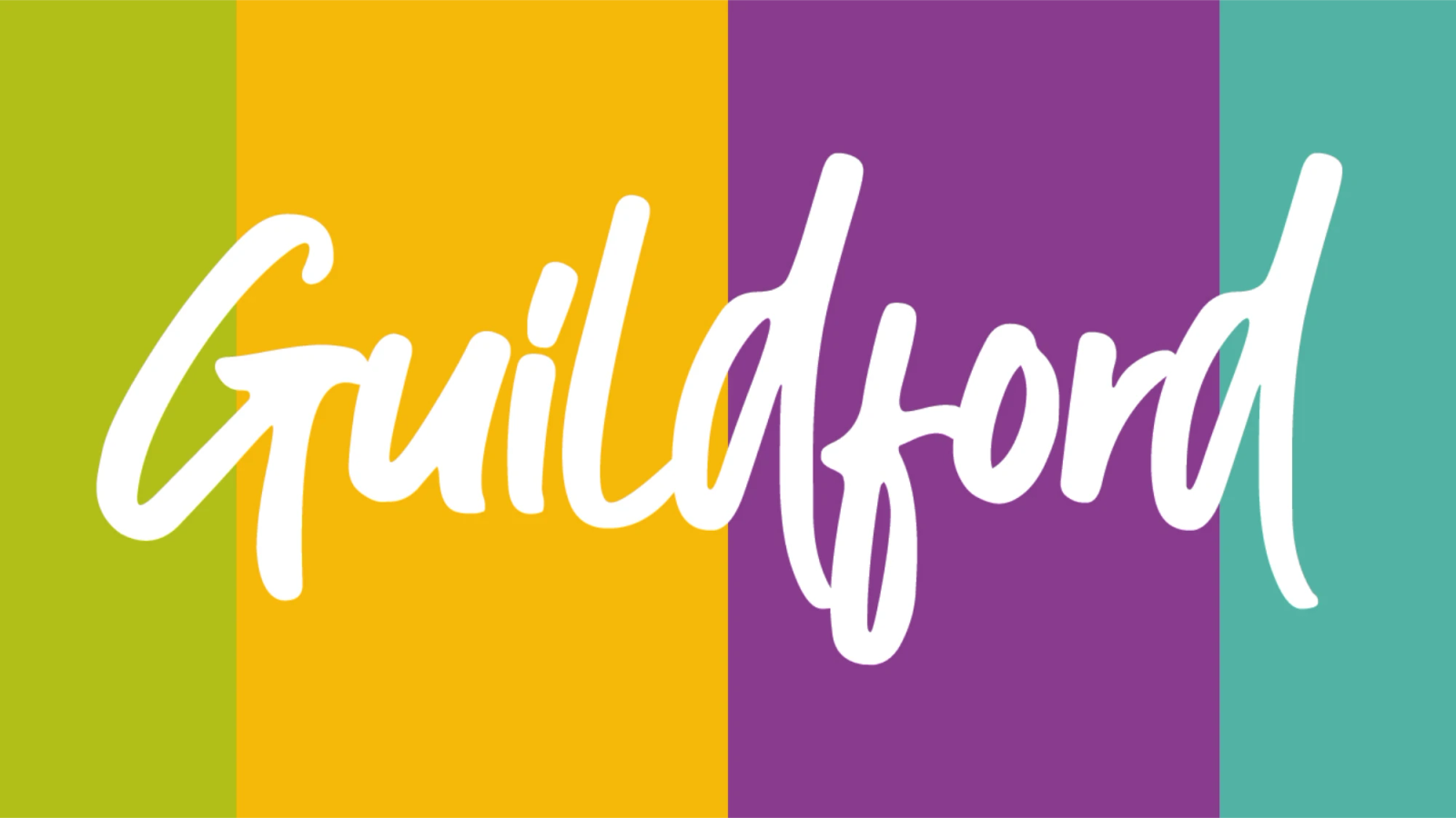 The word "Guildford" in the Experience Guildford brand font in white on a background of four colours from left to right: green, yellow, purple, light blue