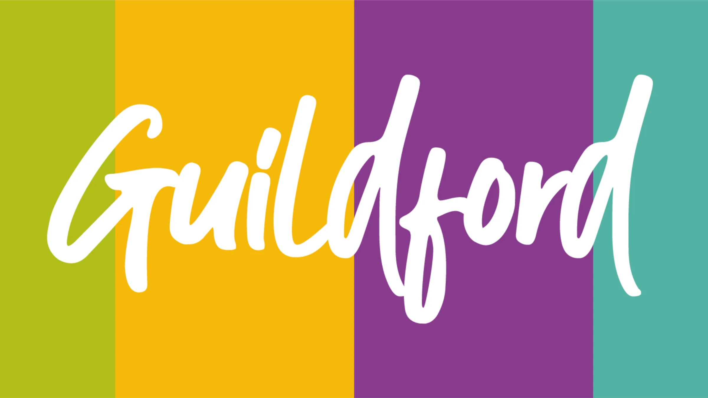 The word "Guildford" in the Experience Guildford brand font in white on a background of four colours from left to right: green, yellow, purple, light blue