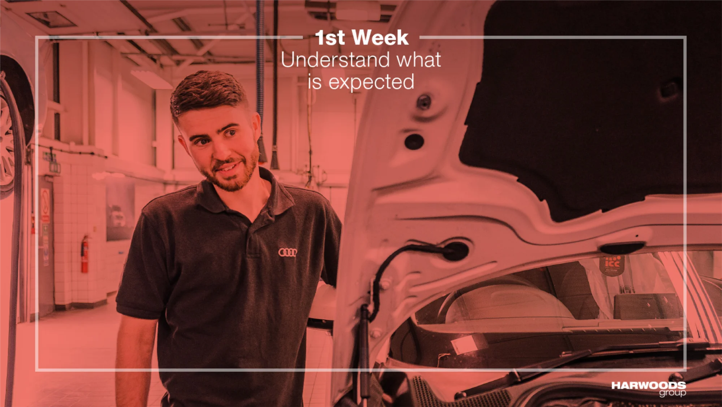 Mechanics working on a Land Rover raised on a ramp, with '2nd Week: Know your customers and products' overlay text