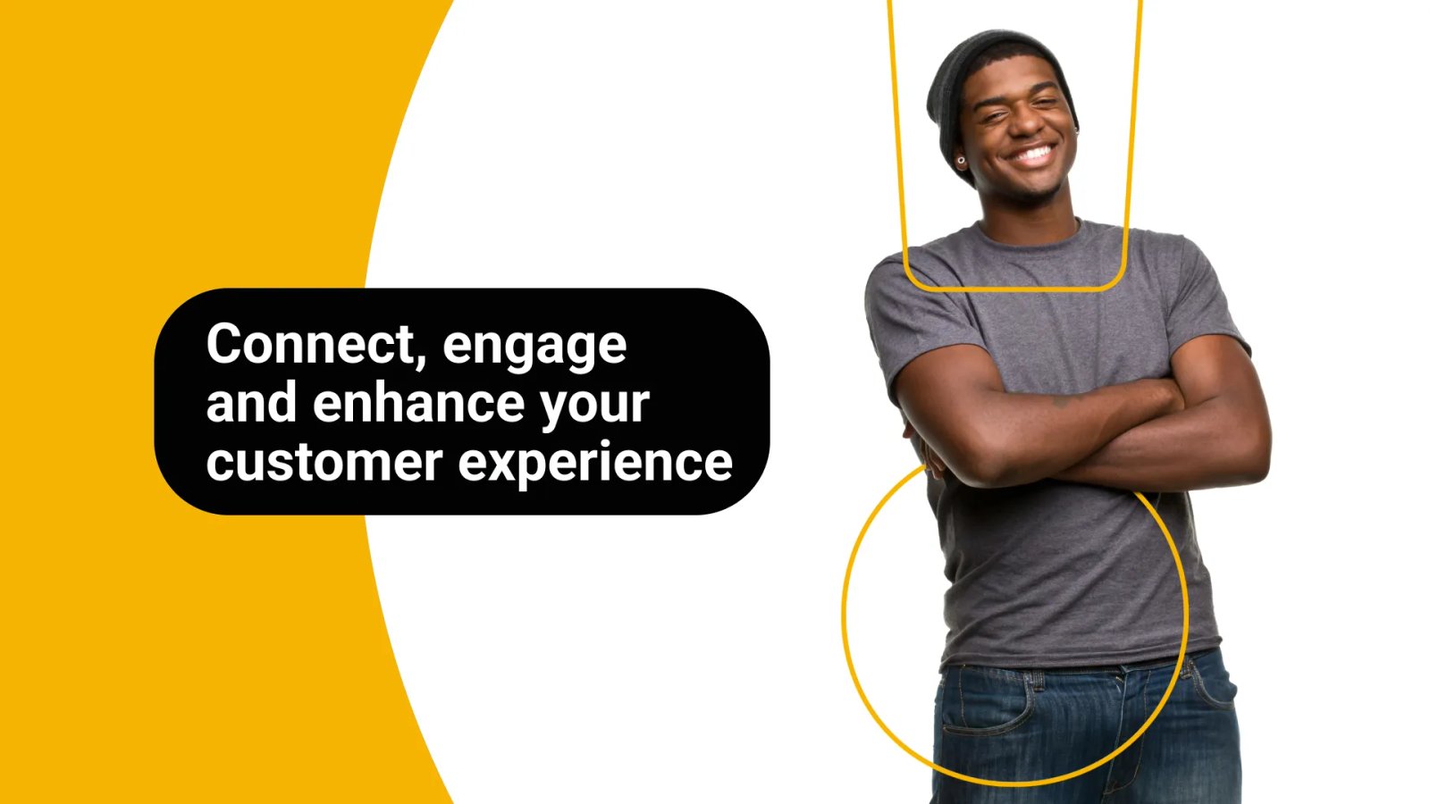 Beep! presentation slide showing a happy young man with the words in a black box next to him saying "Connect, engage and enhance your customer experience"