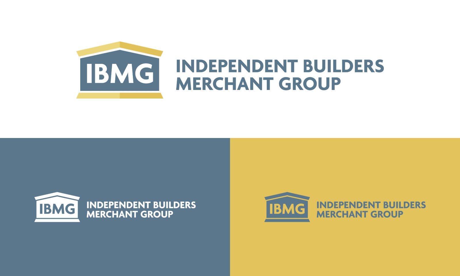 IBMG logo shown in full colour, white, and reversed variations on white, navy, and yellow backgrounds