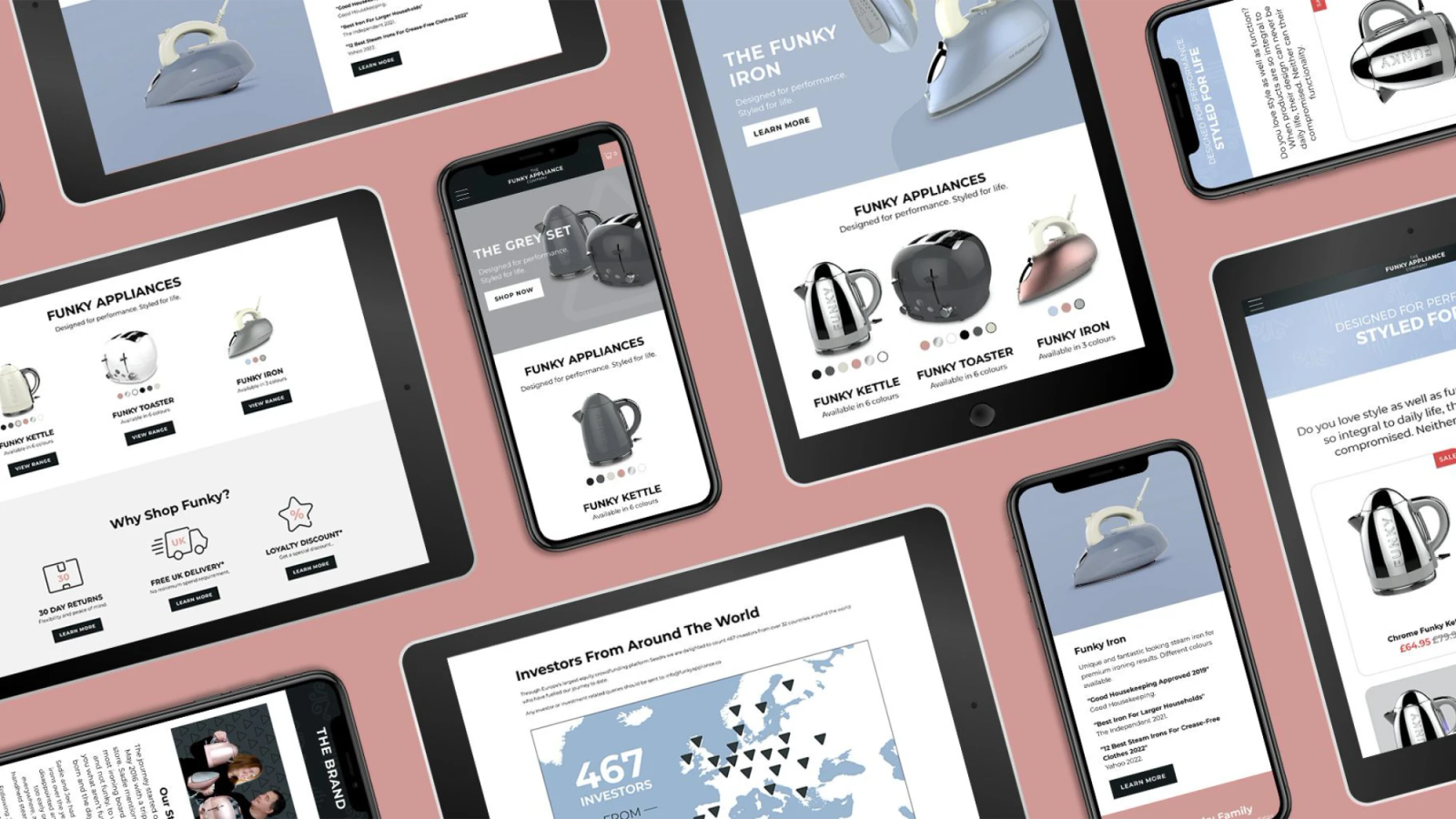 The Funky Appliance Company website displayed across multiple tablet and mobile screens, showing product ranges and investor information