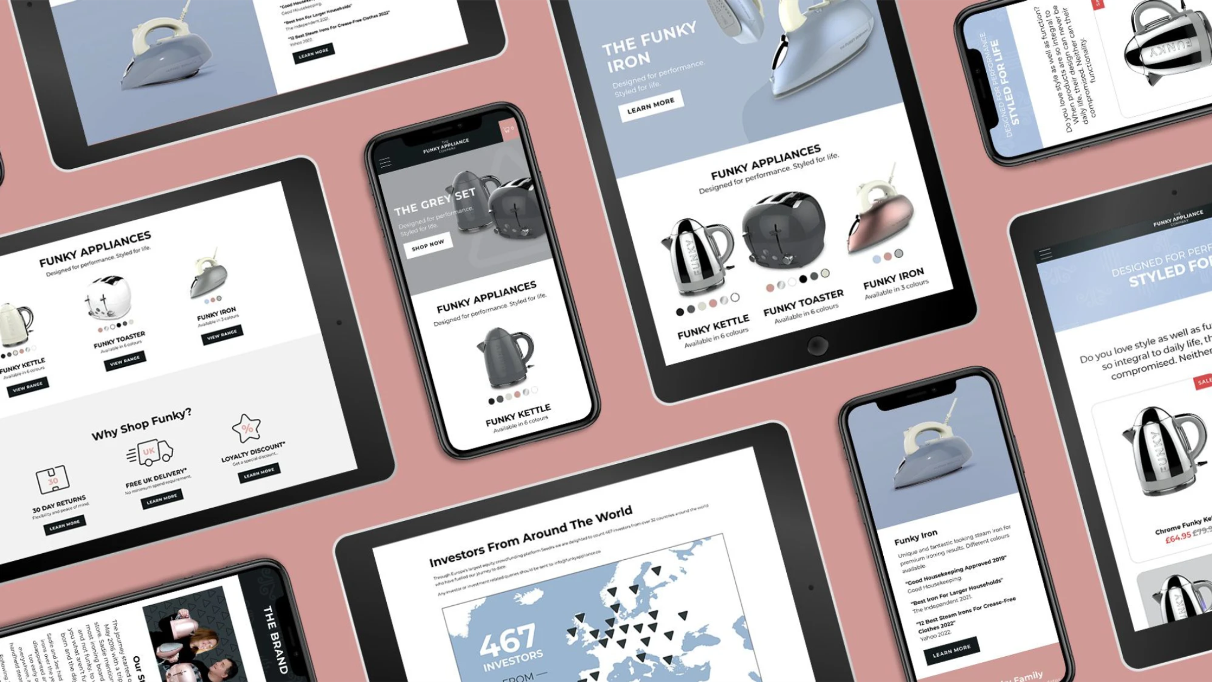 The Funky Appliance Company website displayed across multiple tablet and mobile screens, showing product ranges and investor information
