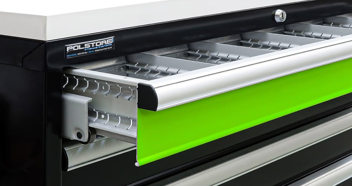 A close-up of a green and silver Polstore storage drawer unit, partially open
