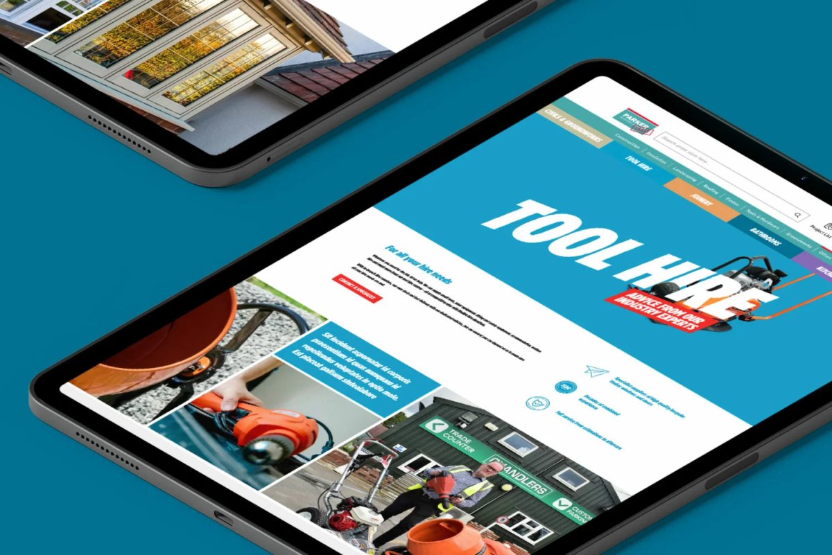 Two iPads showing the Tool Hire category page on the Parker Building Supplies website, with a blue background and tool hire photography
