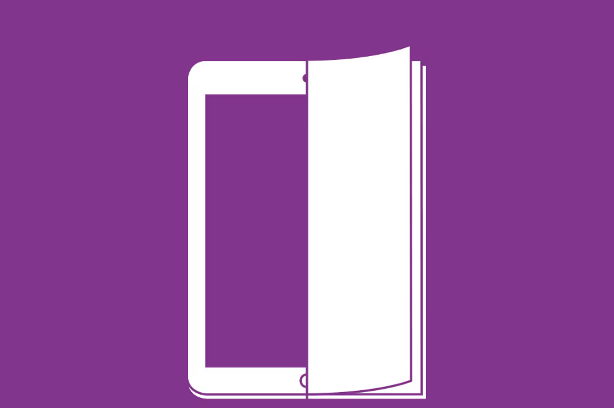 An illustration which is half tablet, half brochure, in white on an orange background