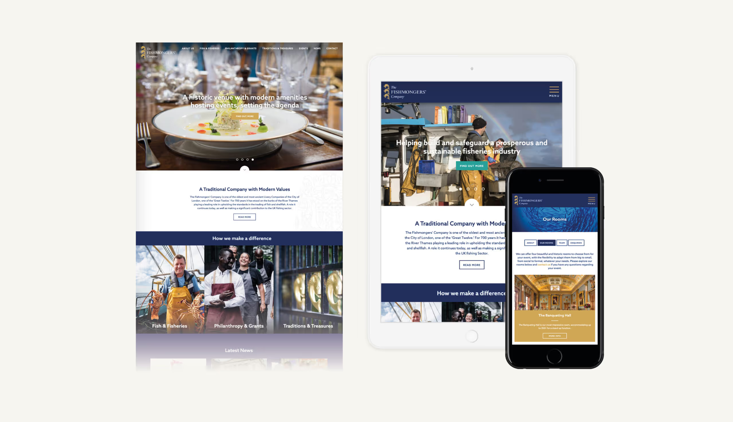 Mockups of the new Fishmongers' website on desktop tablet and mobile