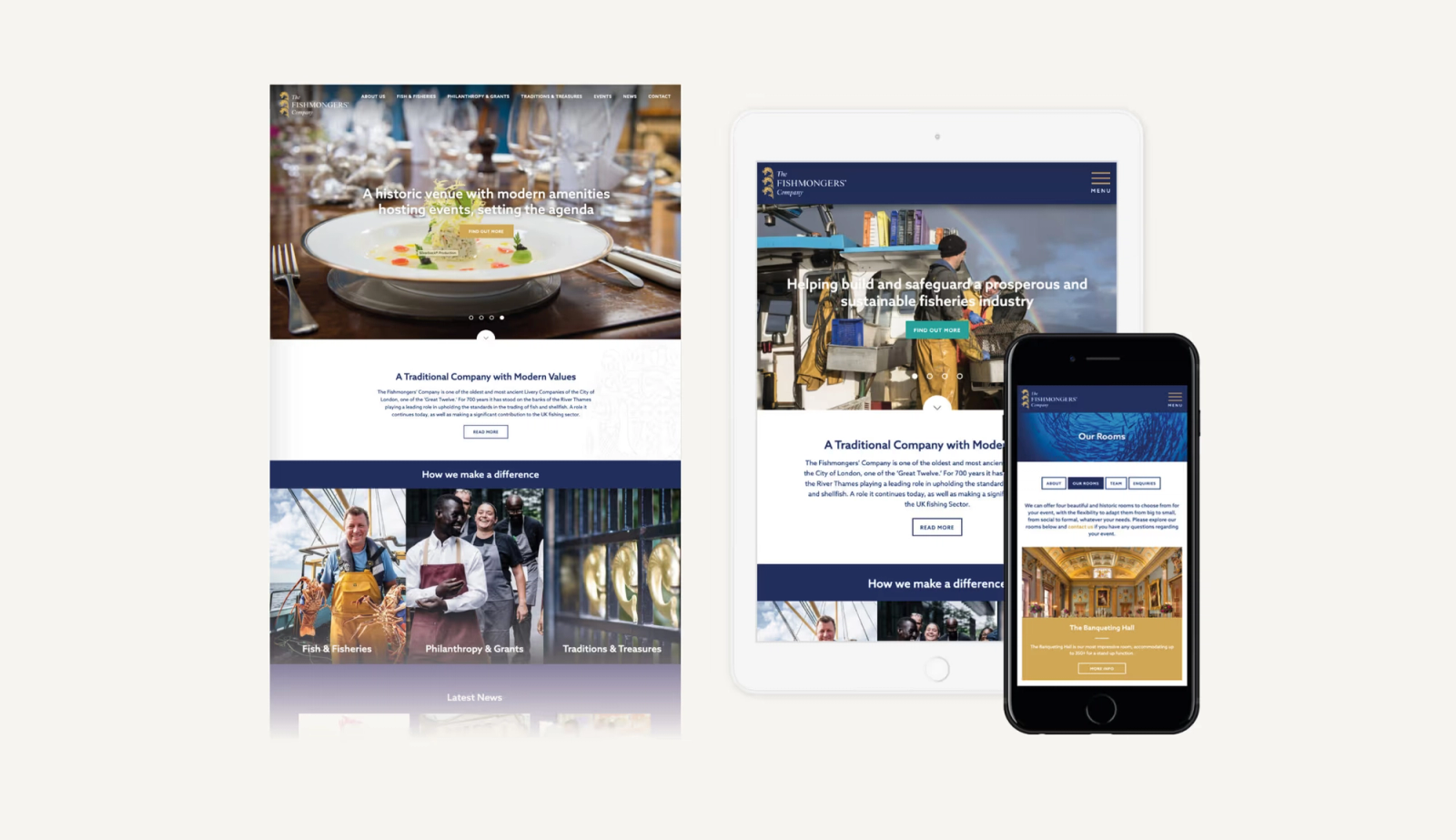 Mockups of the new Fishmongers' website on desktop tablet and mobile