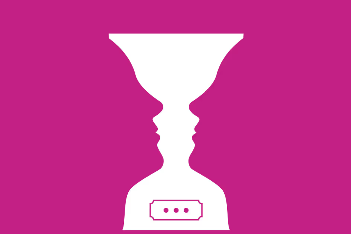 An illustration of a trophy in white on a pink background