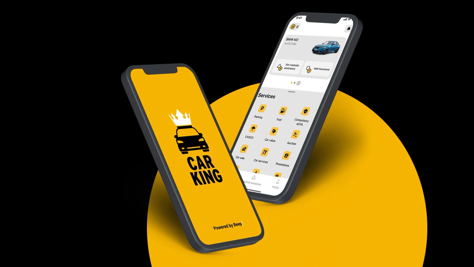Two phone screens showing the Beep! app interface with a yellow circle and black background.
