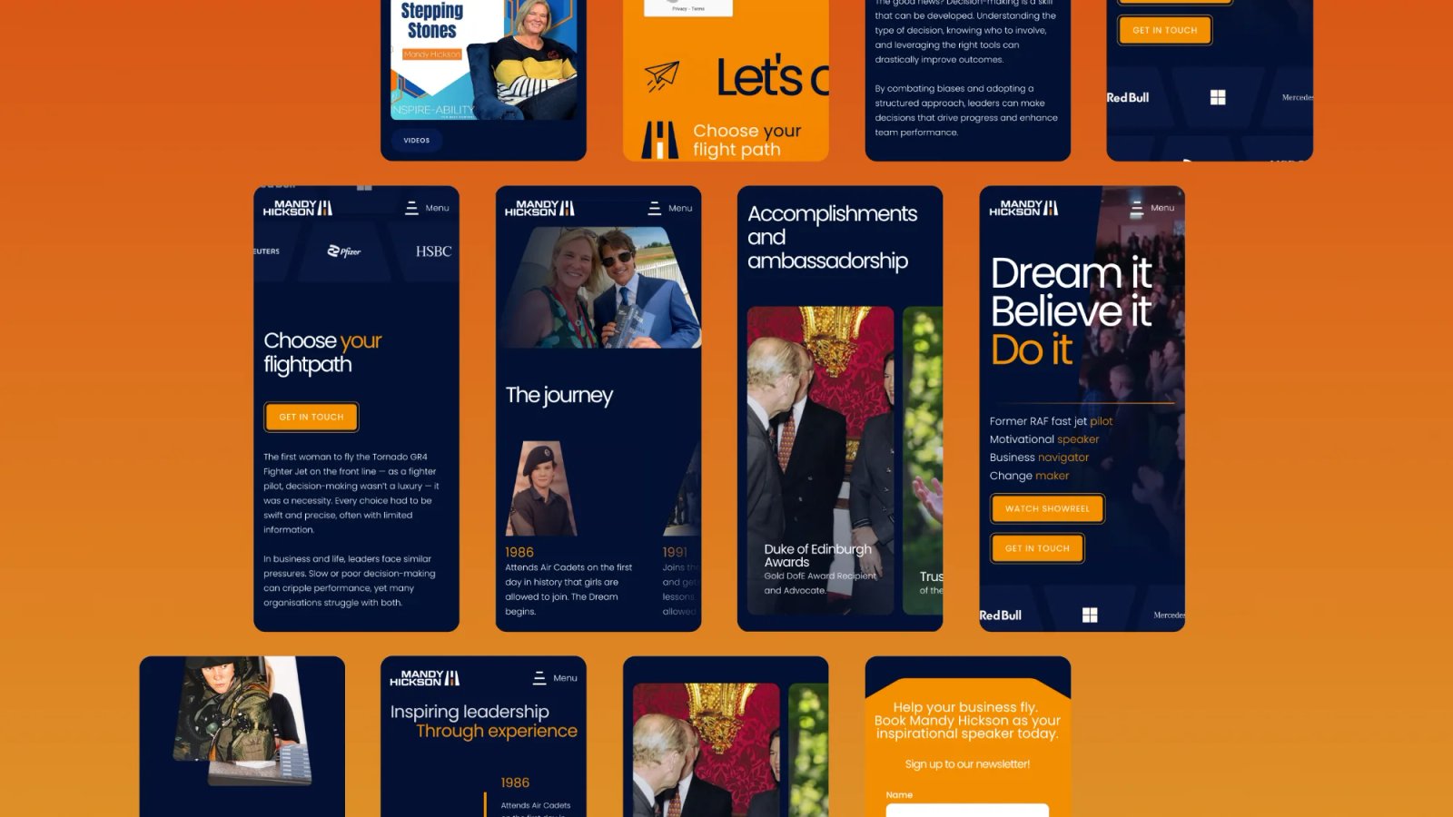 A grid of mobile screenshots from the Mandy Hickson website