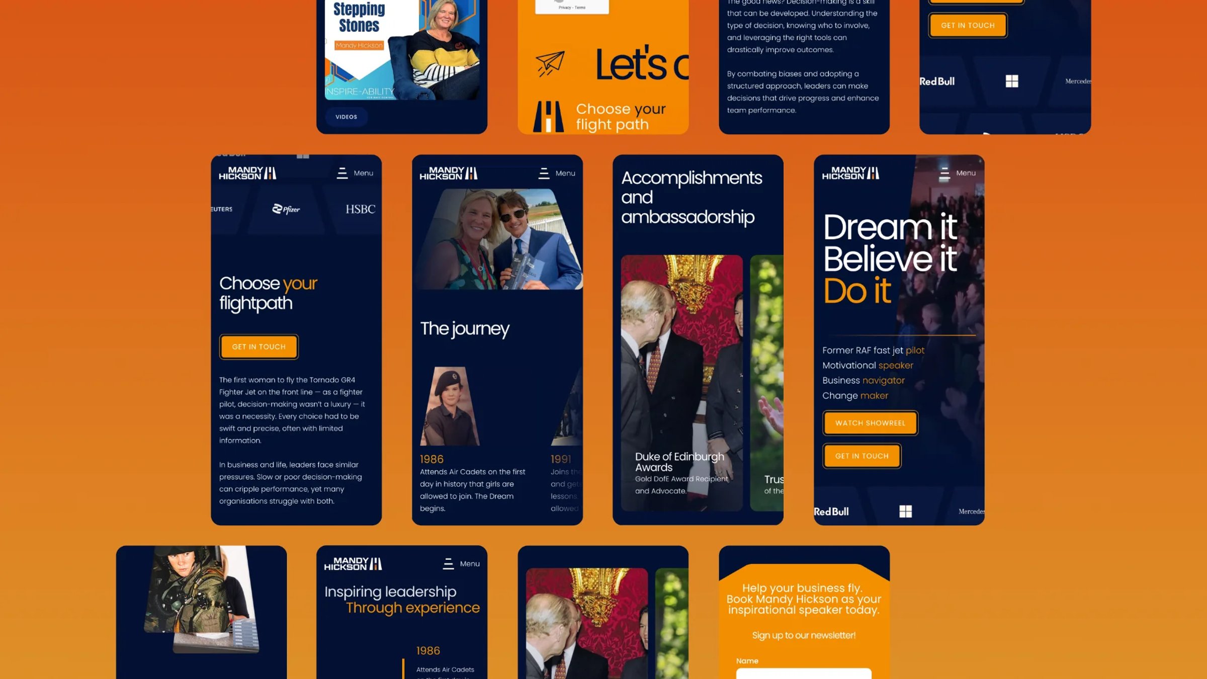 A grid of mobile screenshots from the Mandy Hickson website
