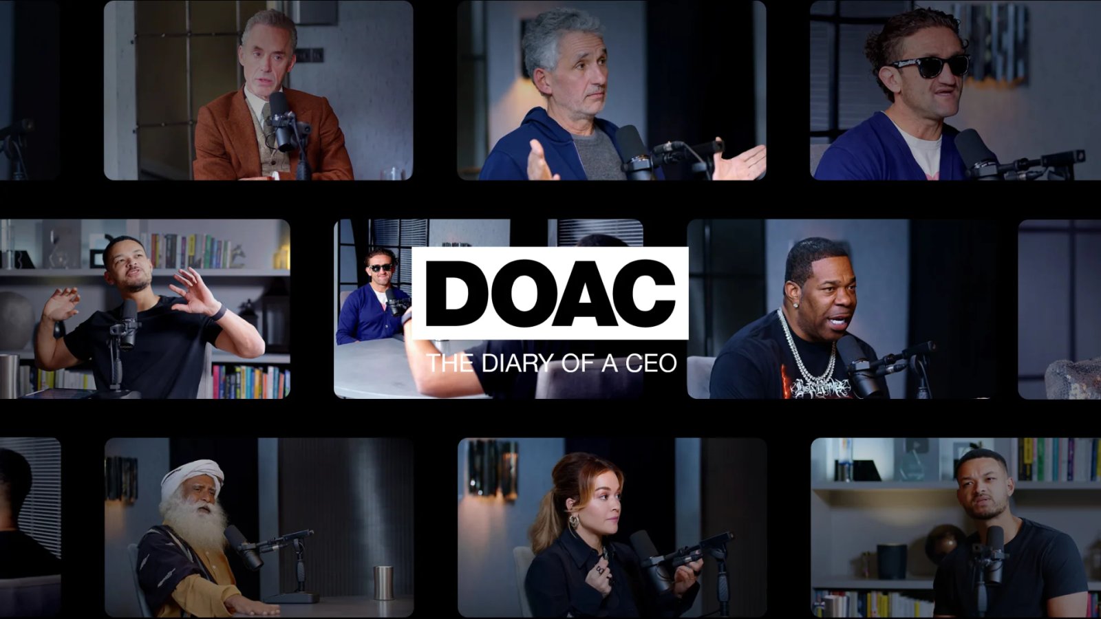 A grid of Diary of a CEO guest photos with the show's 'DOAC' mark at the centre