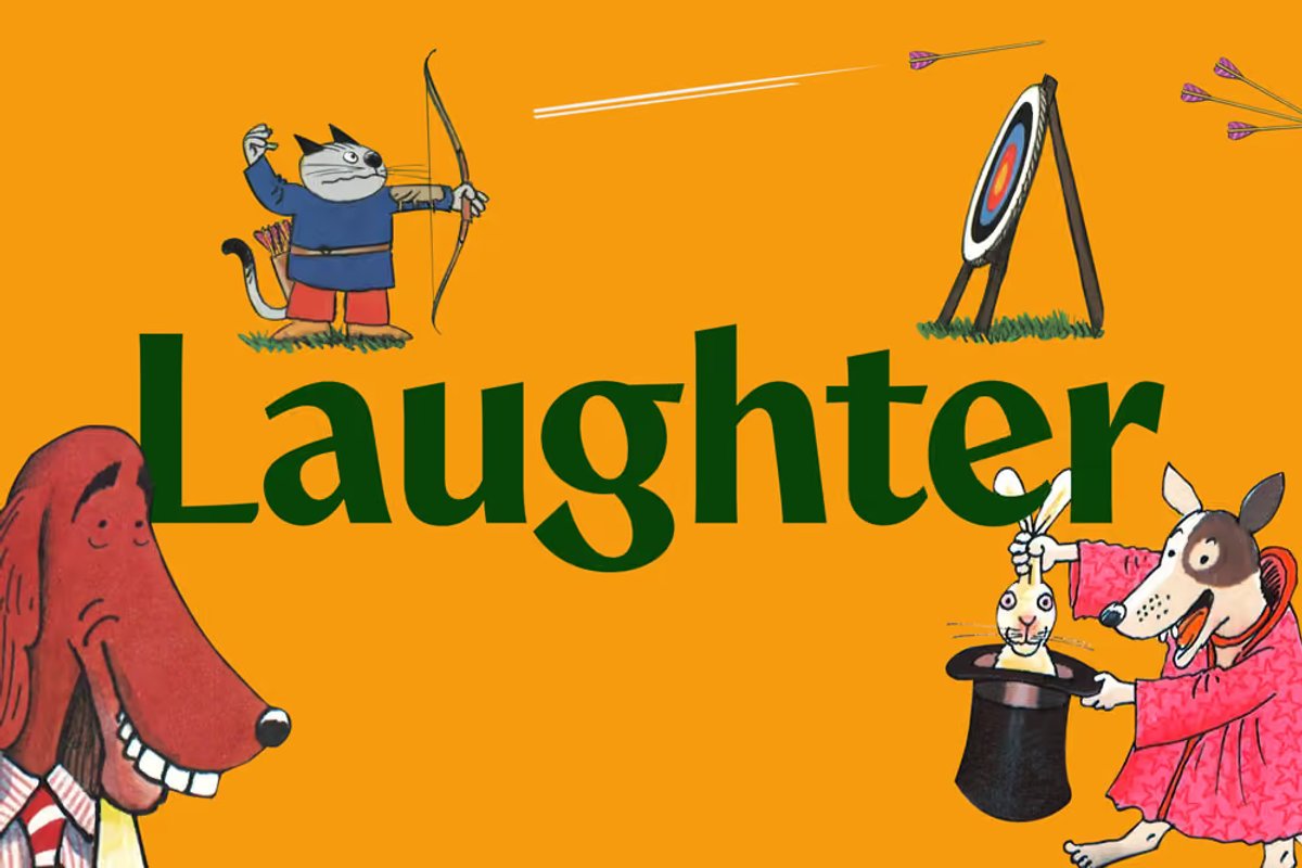 Illustrated cat archer, magician dog, and laughing dog character beside the word 'Laughter'