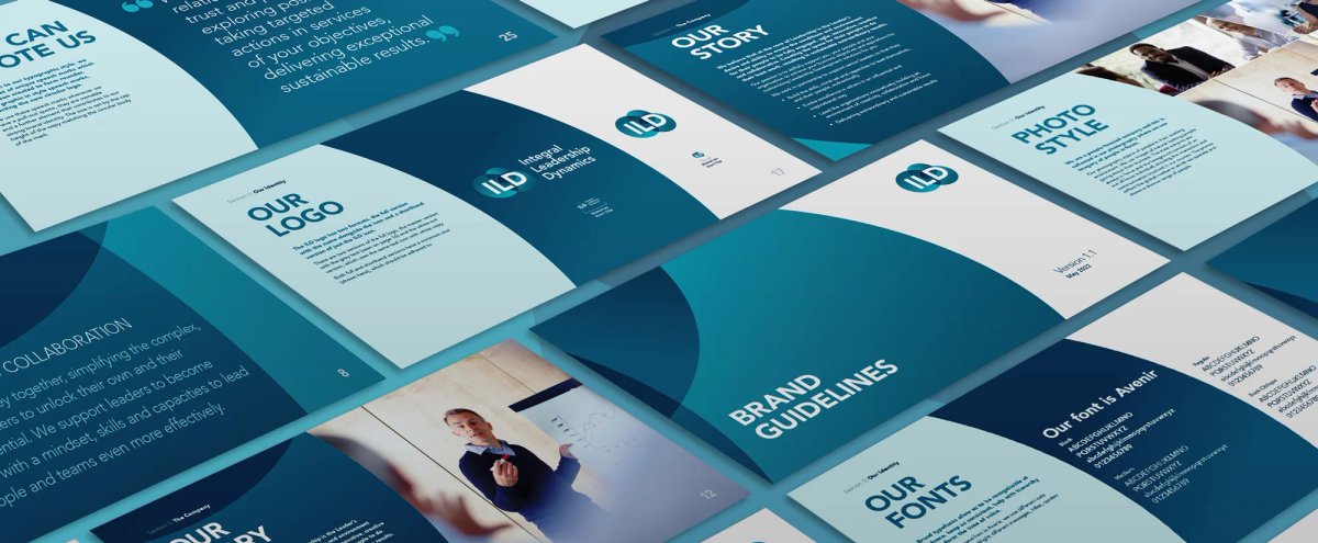 A collage of pages from the Integral Leadership Dynamics brand guidelines document, showing the logo, fonts, photo style, and brand story