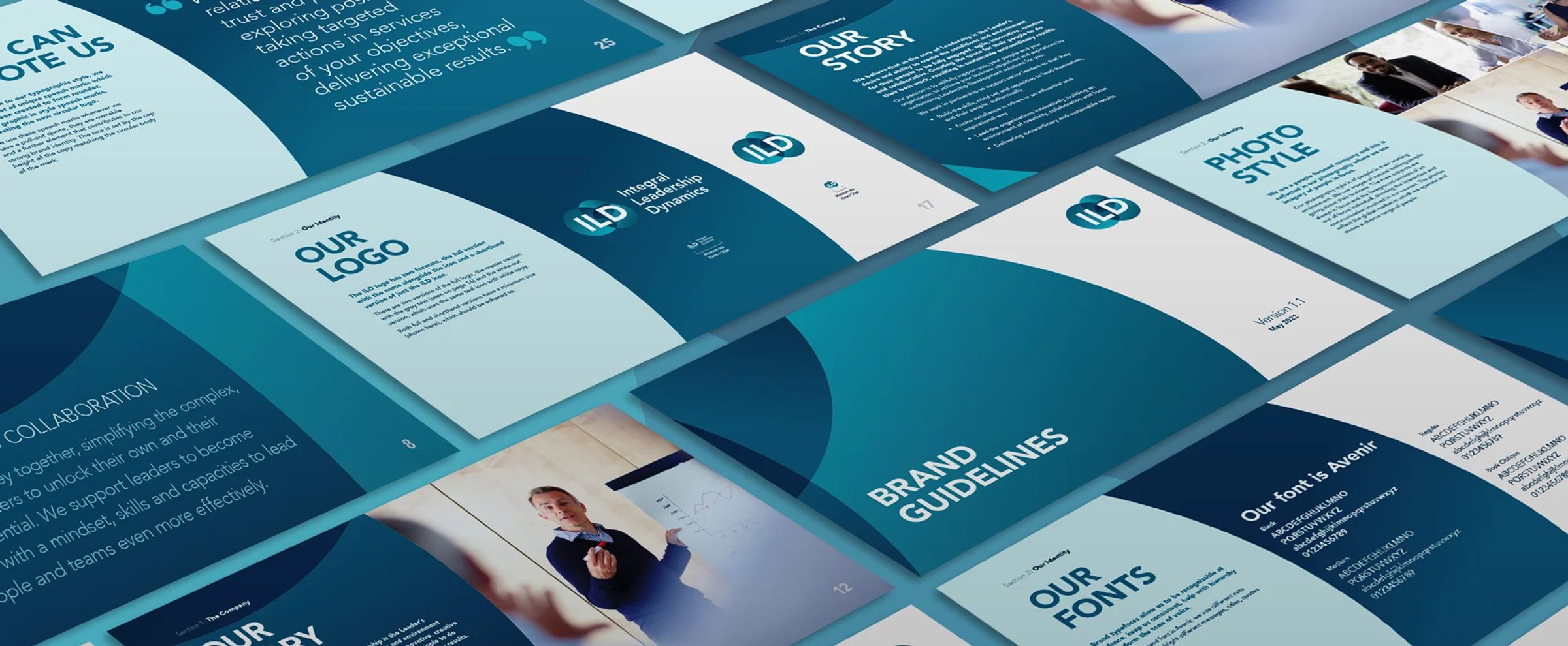 A collage of pages from the Integral Leadership Dynamics brand guidelines document, showing the logo, fonts, photo style, and brand story