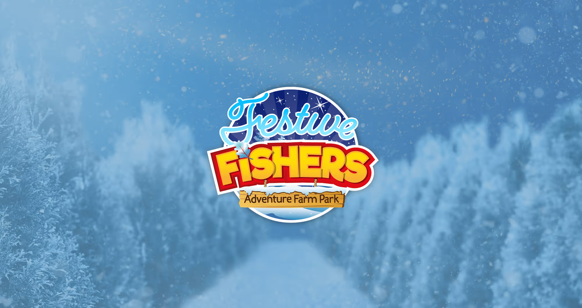 Festive Fishers logo overlayed on a snowy background with pine trees