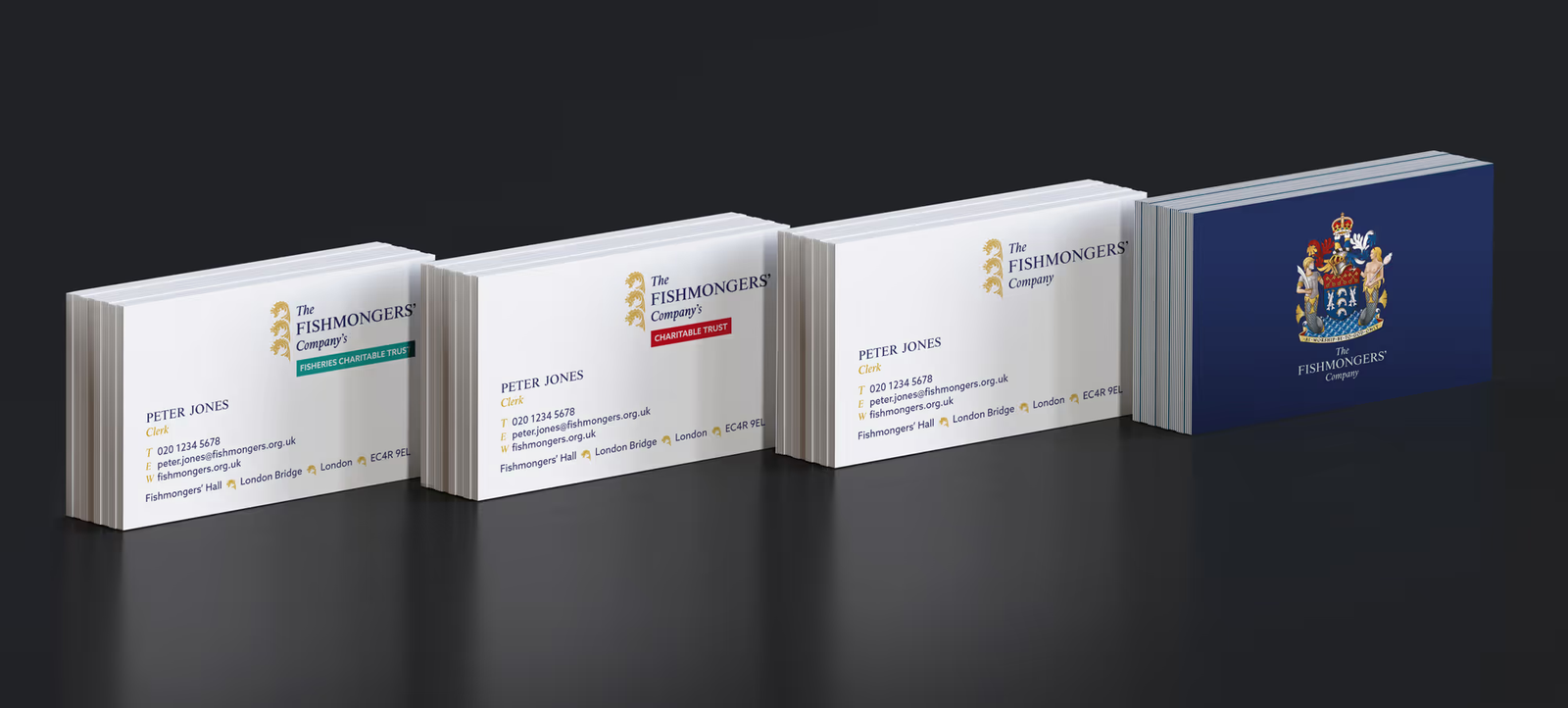 Fishmongers business cards stacked in a row