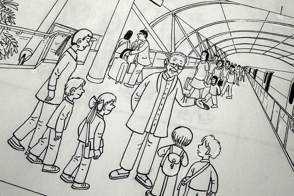 Black and white line drawing by Alex Brychta of a family arriving at a train platform to greet a grandfather figure