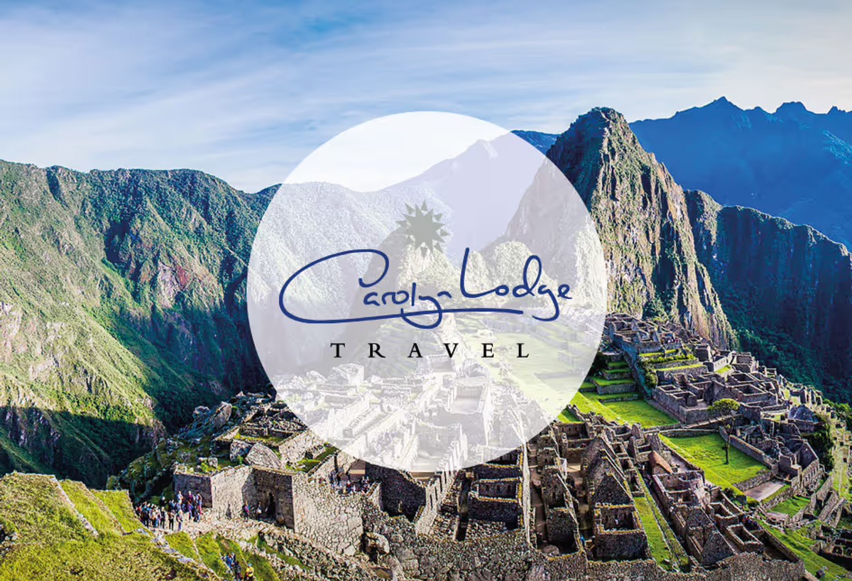 The logo for Carolyn Lodge Travel with Machu Picchu in the background 