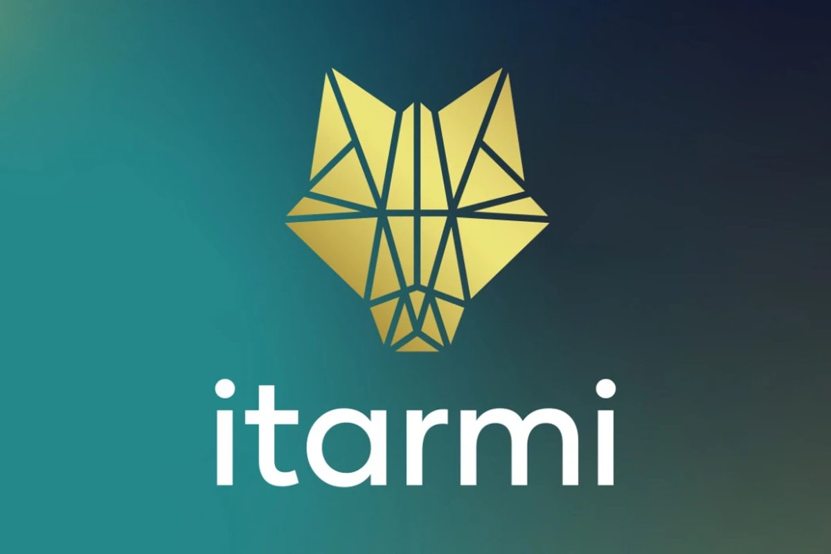 Itarmi wolf head geometric logo and the word itarmi beneath on a gradient background