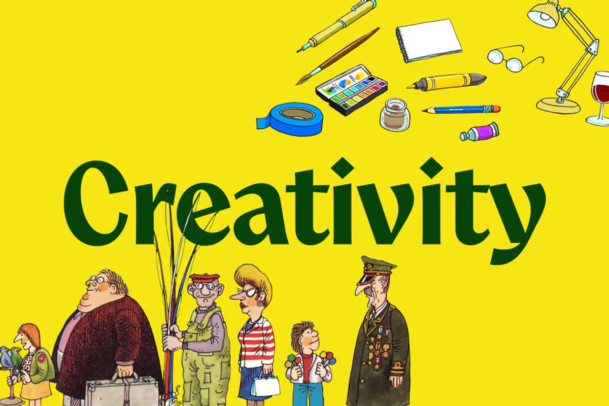 Illustrated art supplies and cartoon characters around the word 'Creativity'