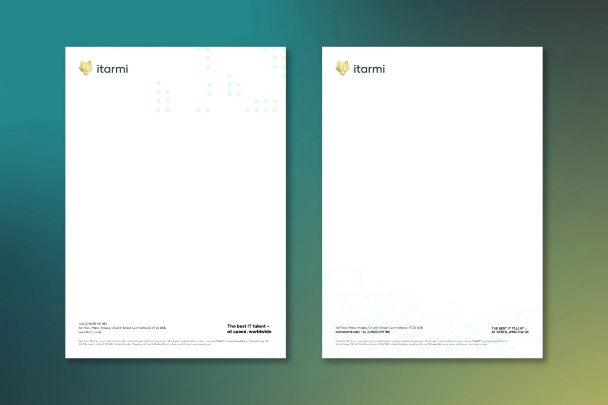 Two letterhead templates for Itarmi on a branded gradient background