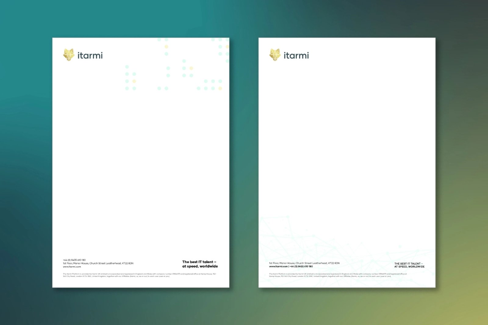 Two letterhead templates for Itarmi on a branded gradient background