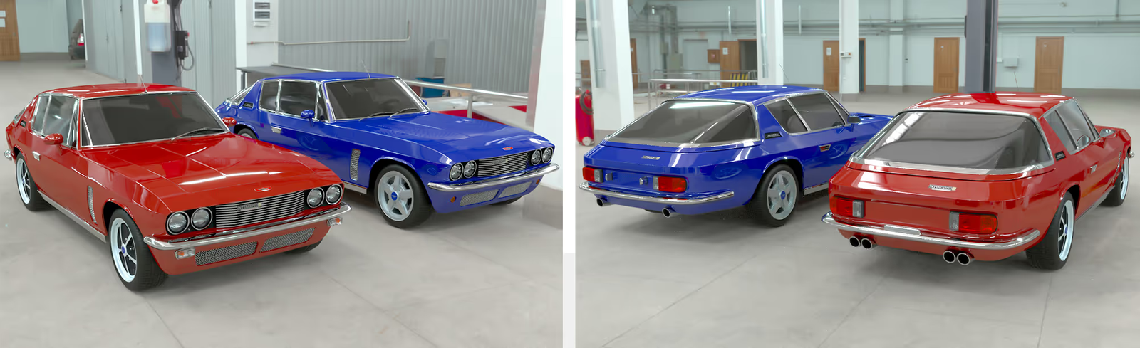 A 3D model of two classic cars, one red, one blue, in a garage