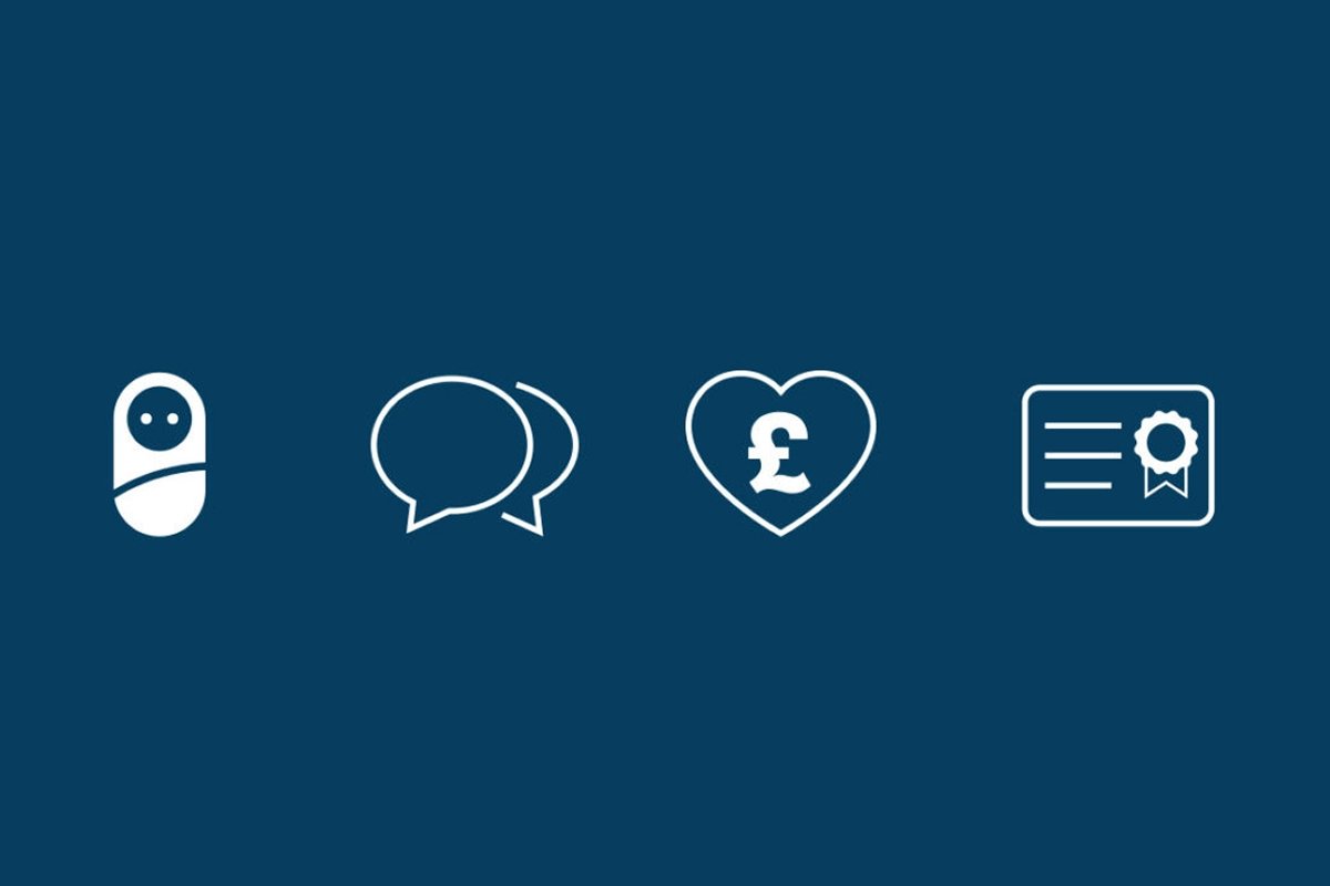 Four white outline icons on dark blue: parental leave, communication, financial wellbeing, and certification/recognition