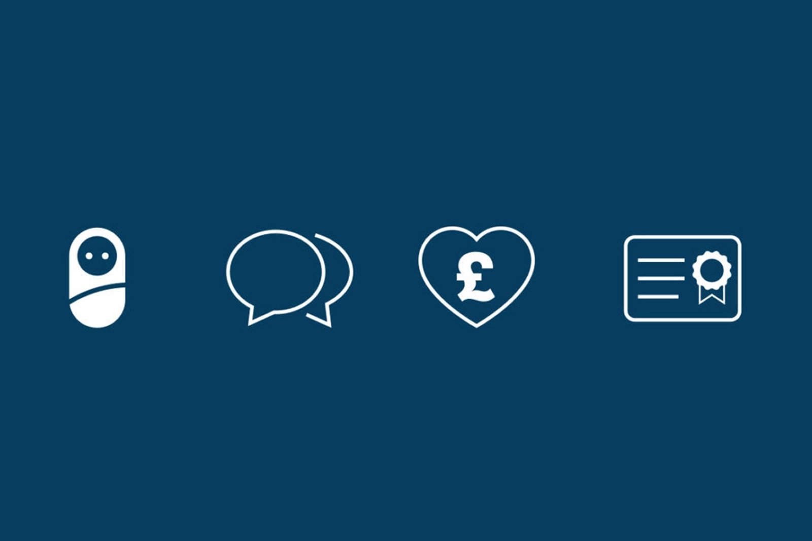 Four white outline icons on dark blue: parental leave, communication, financial wellbeing, and certification/recognition