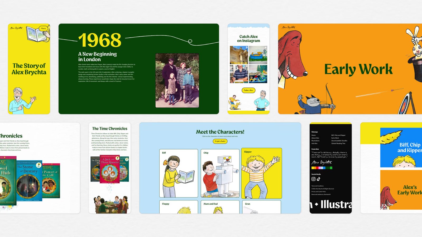 Responsive layout preview of the Alex Brychta website showing homepage, timeline, and book series sections across devices