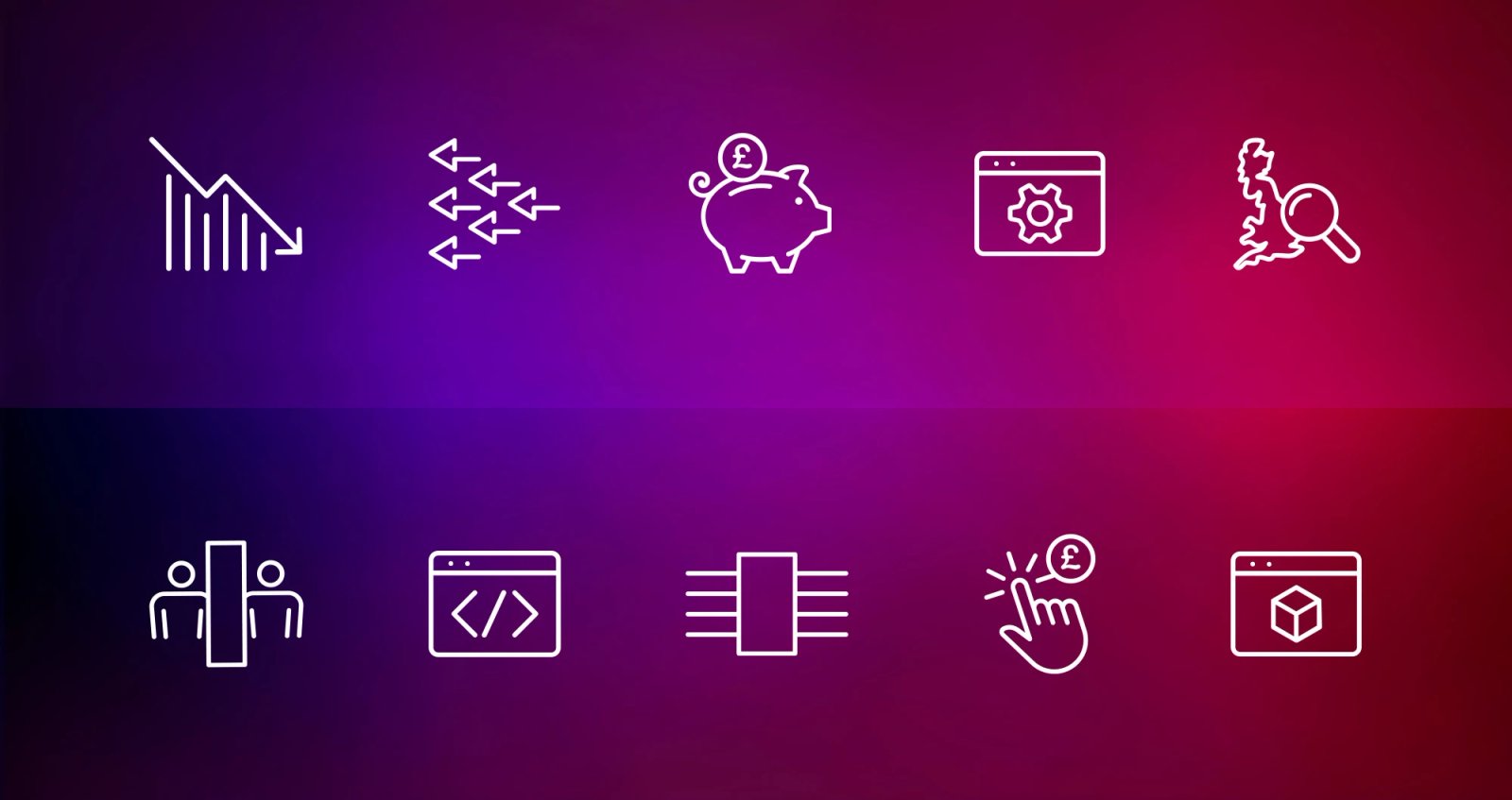 A set of ten line icons on a purple-to-red gradient background, representing themes like cost savings, integration, and UK coverage