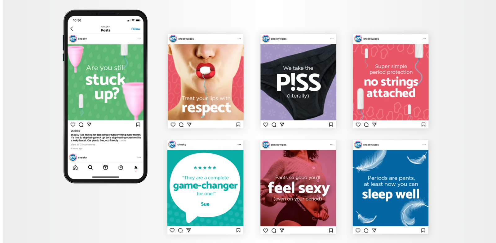 A phone showing a Cheeky Instagram post next to a grid of six further branded social media post examples