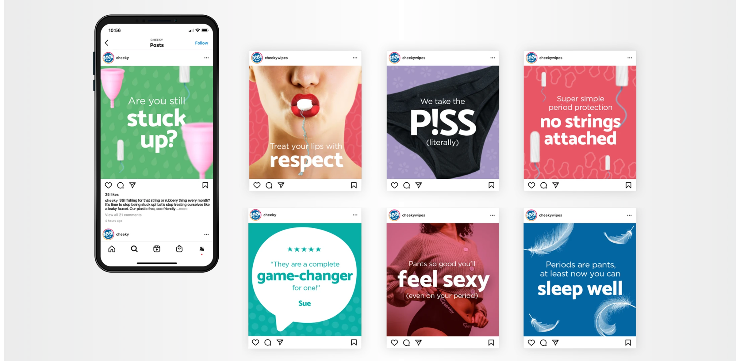 A phone showing a Cheeky Instagram post next to a grid of six further branded social media post examples
