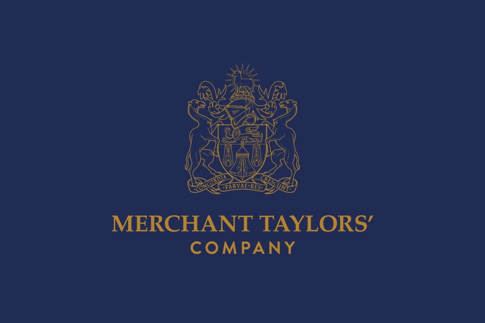 The Merchant Taylors logo in golden yellow on a dark blue background.