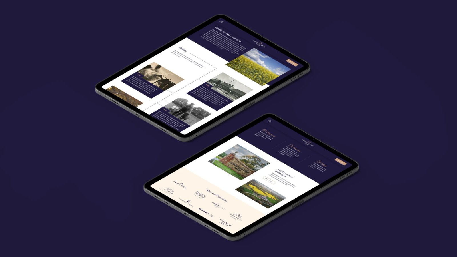 Two tablet screens displaying Whipley Manor Farm website pages with estate photography, history and partner logos.