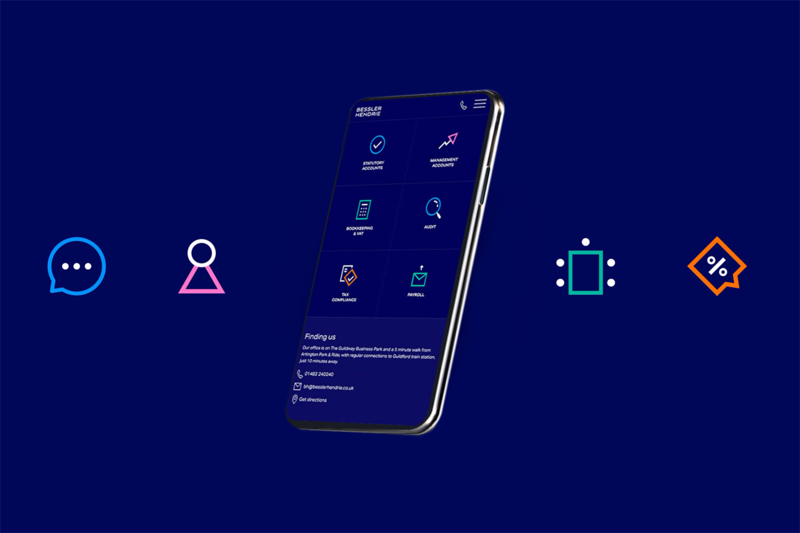A phone showing the Bessler Hendrie mobile website services menu, with icons for statutory accounts, management accounts, bookkeeping & VAT, audit, tax compliance and payroll