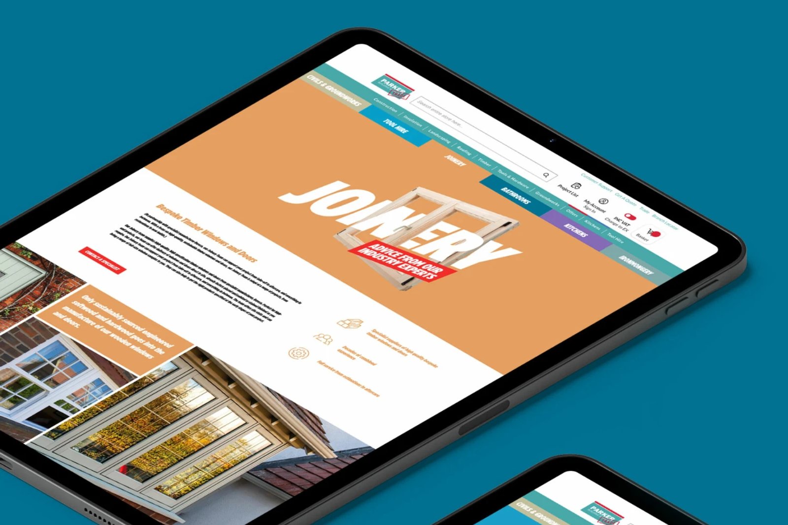 An iPad showing the Joinery category page on the Parker Building Supplies website, with an orange background and window photography