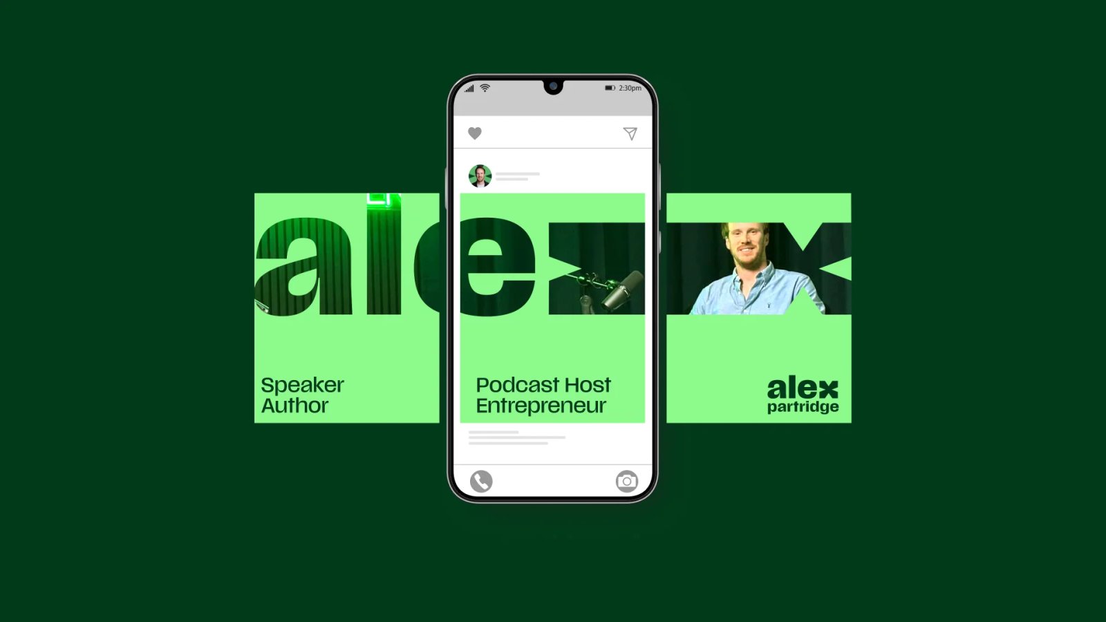 A phone with example Instagram posts in Alex Partridge's branding
