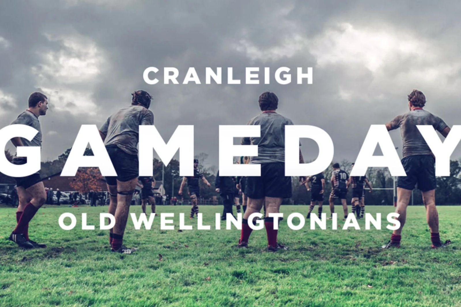 Rugby players walking off the pitch under a stormy sky, with text reading 'Cranleigh Gameday: Old Wellingtonians'