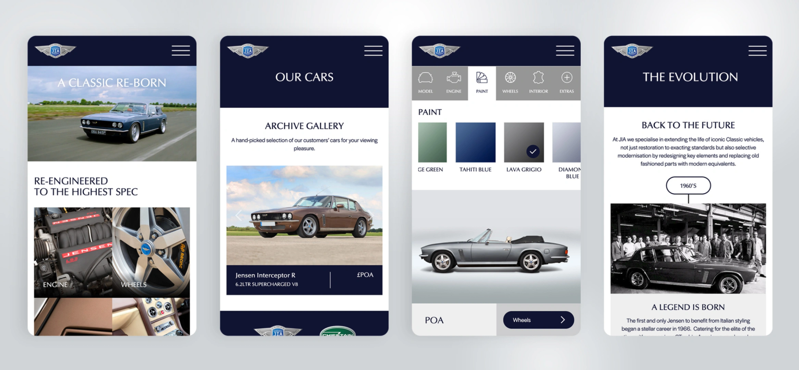 Four mobile screens showing the JIA Jensen website, including the homepage, archive gallery, paint configurator, and evolution story pages
