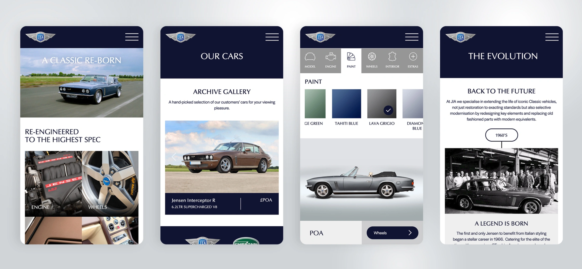 Four mobile screens showing the JIA Jensen website, including the homepage, archive gallery, paint configurator, and evolution story pages