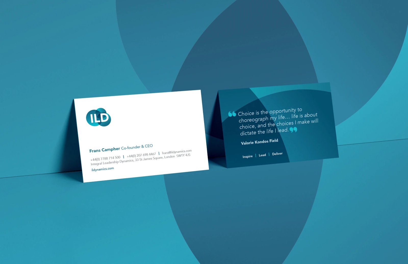 Front and back of an Integral Leadership Dynamics business card for Frans Campher, Co-founder and CEO, with a quote on the reverse
