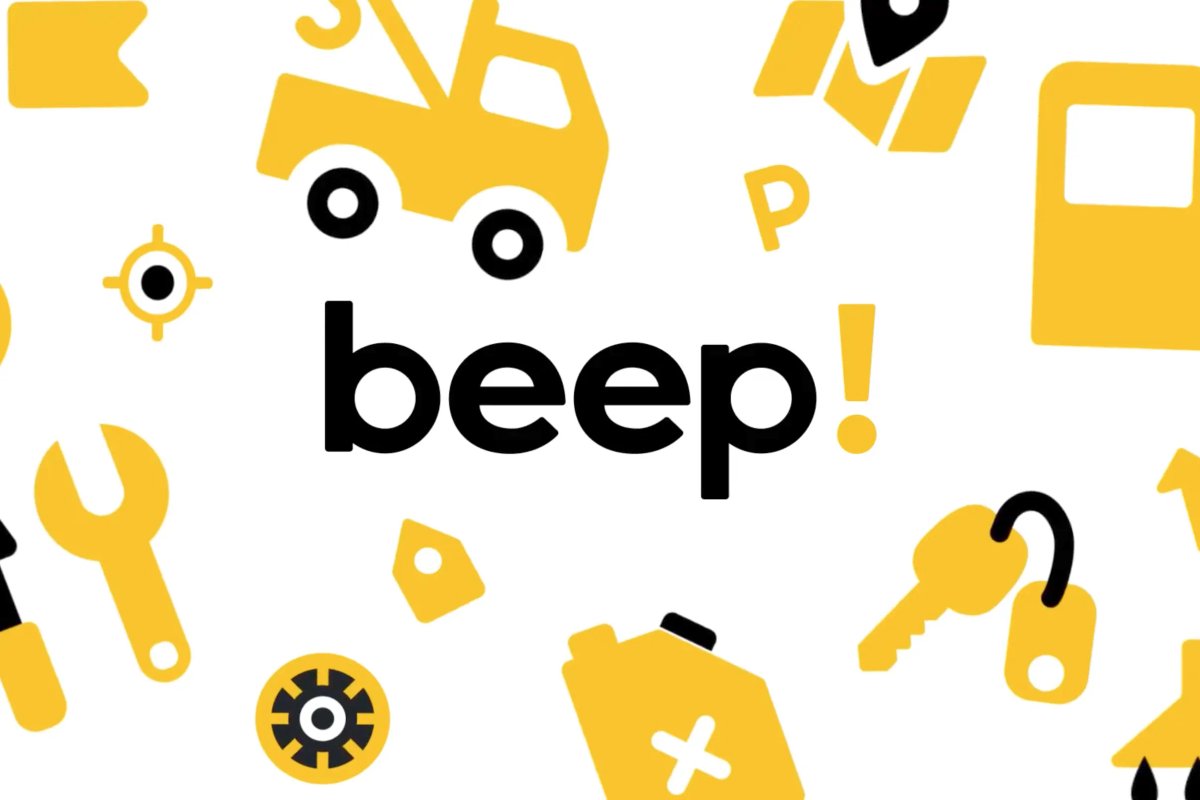 Beep! Logo in black and yellow with surrounding black and yellow iconography on a white background
