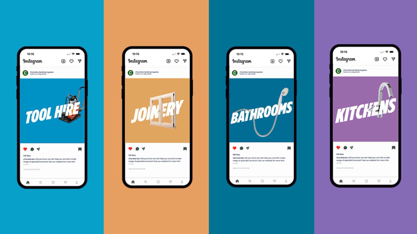 Four phone screens showing Instagram posts for Tool Hire, Joinery, Bathrooms and Kitchens, each on a different colour background