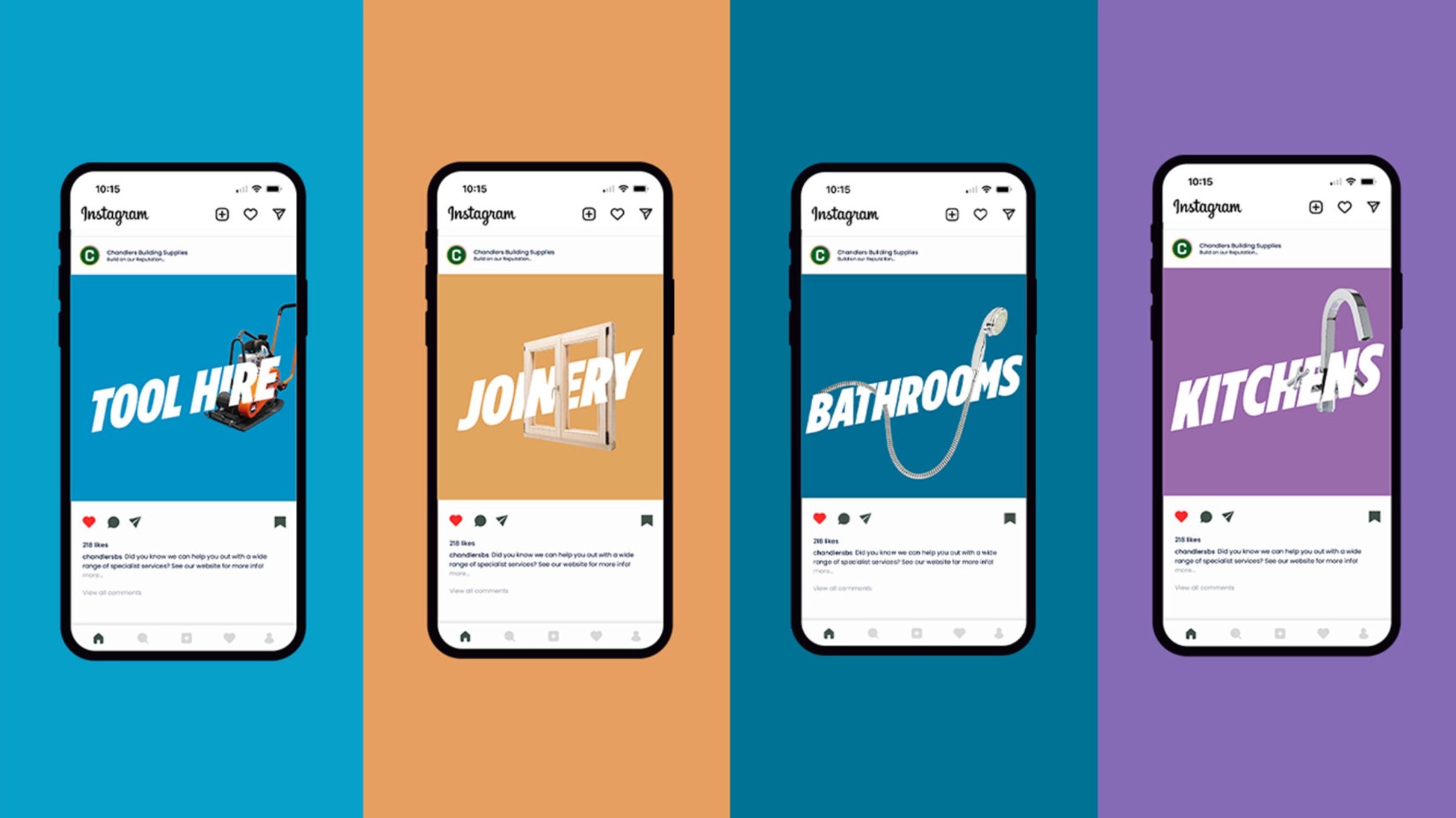 Four phone screens showing Instagram posts for Tool Hire, Joinery, Bathrooms and Kitchens, each on a different colour background