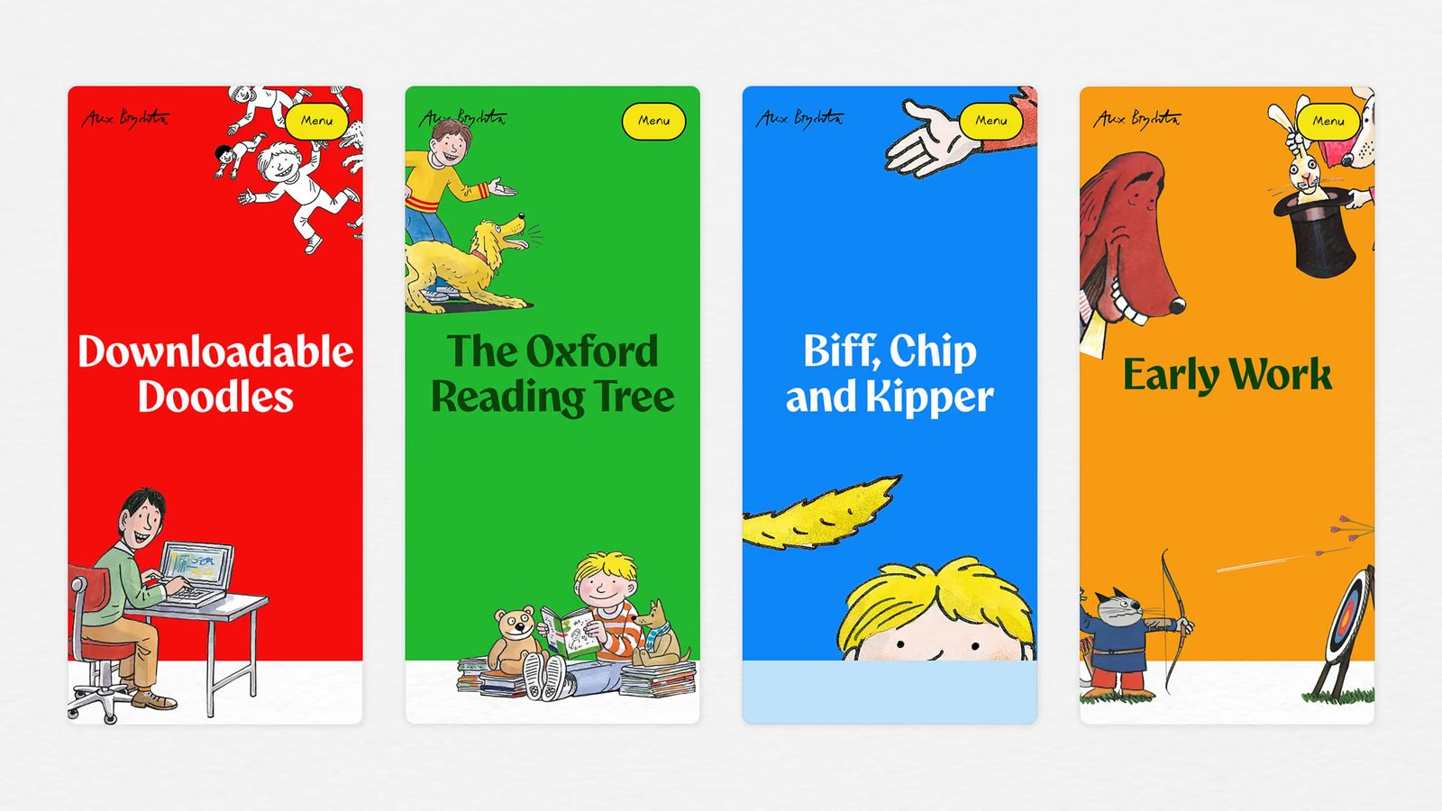 Mobile screens from the Alex Brychta website showing menu pages for Downloadable Doodles, The Oxford Reading Tree, Biff Chip and Kipper, and Early Work