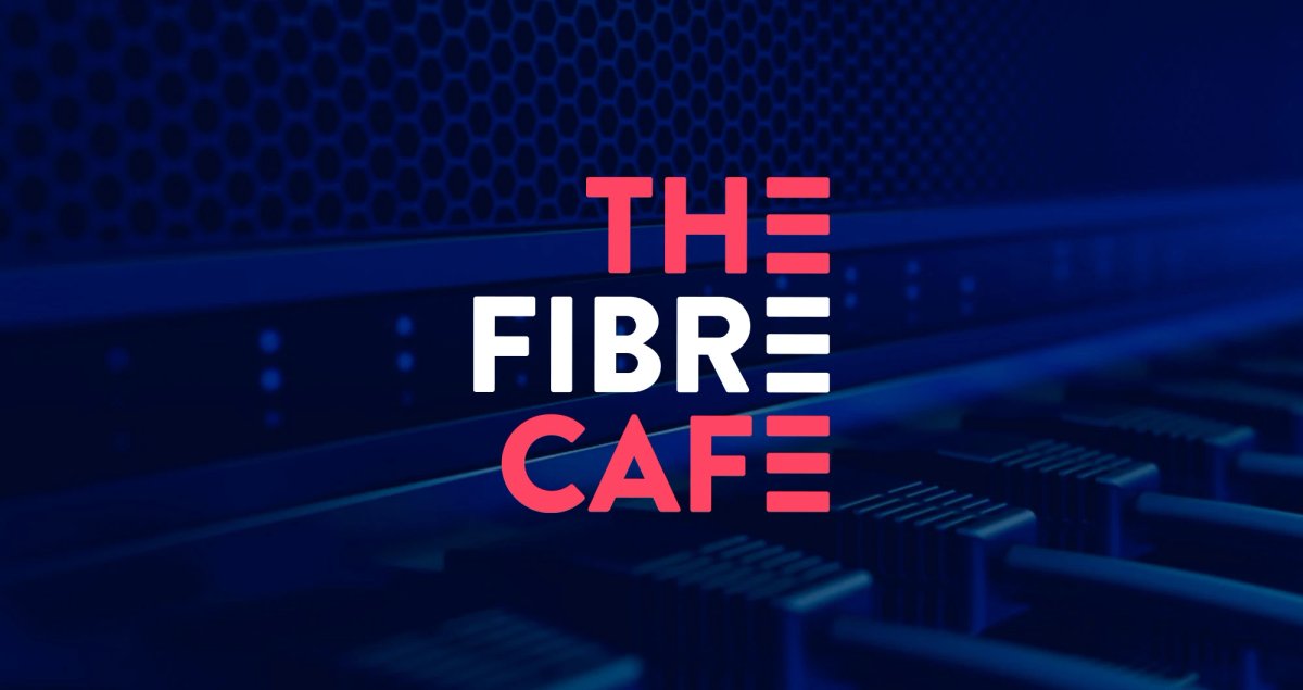 The Fibre Café logo overlaid on a dark blue background showing server hardware and network cables
