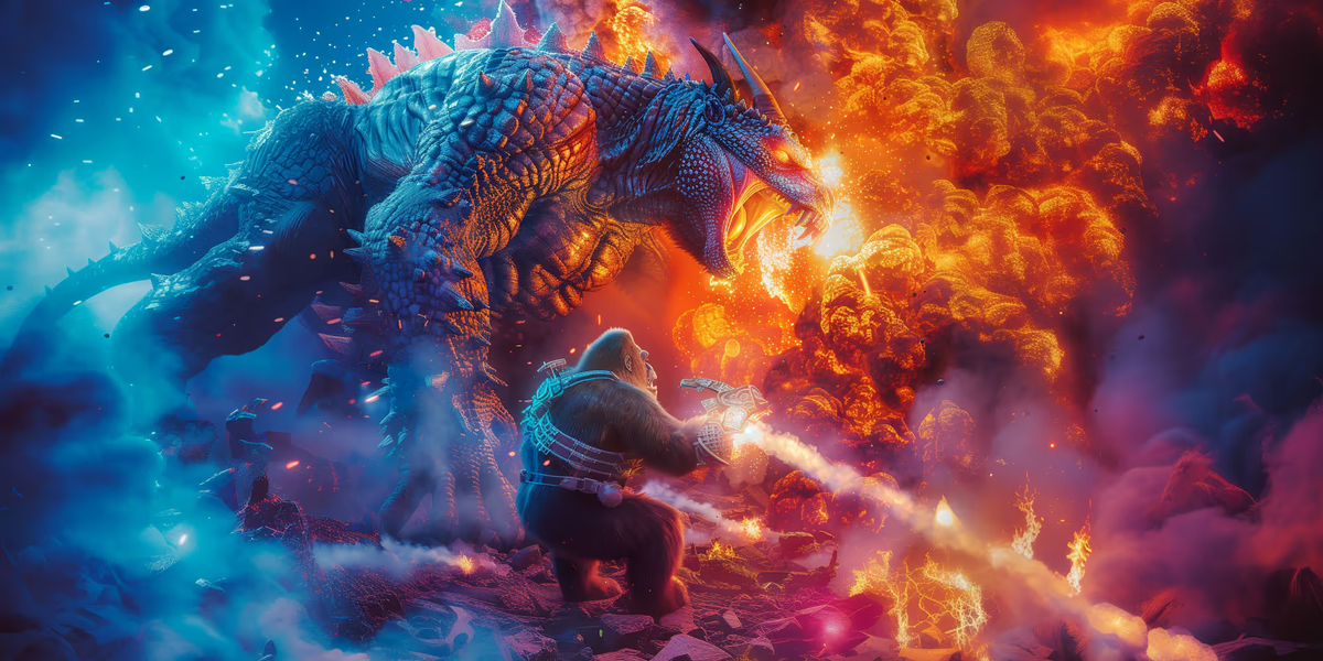 An AI generated image of a dragon and a gorilla